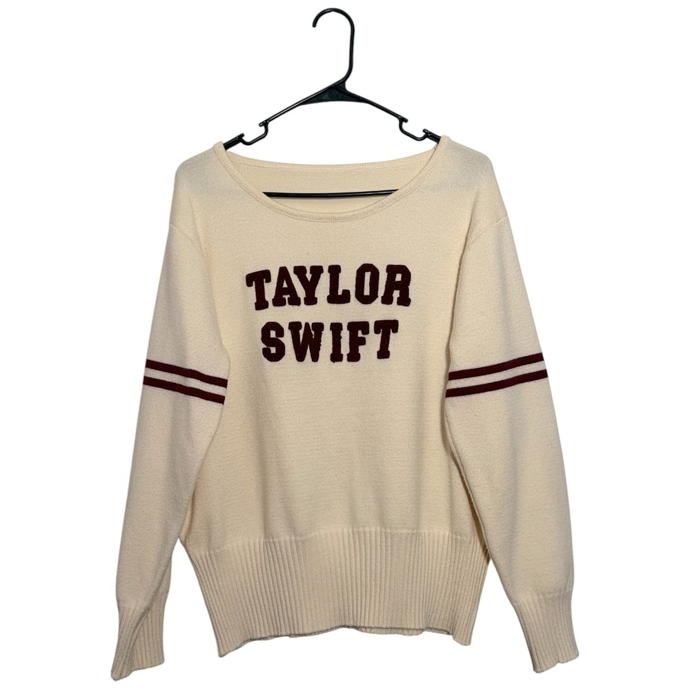 Taylor Swift Red Collegiate Varsity Knit Crewneck Sweatrer Cream Women SZ Large